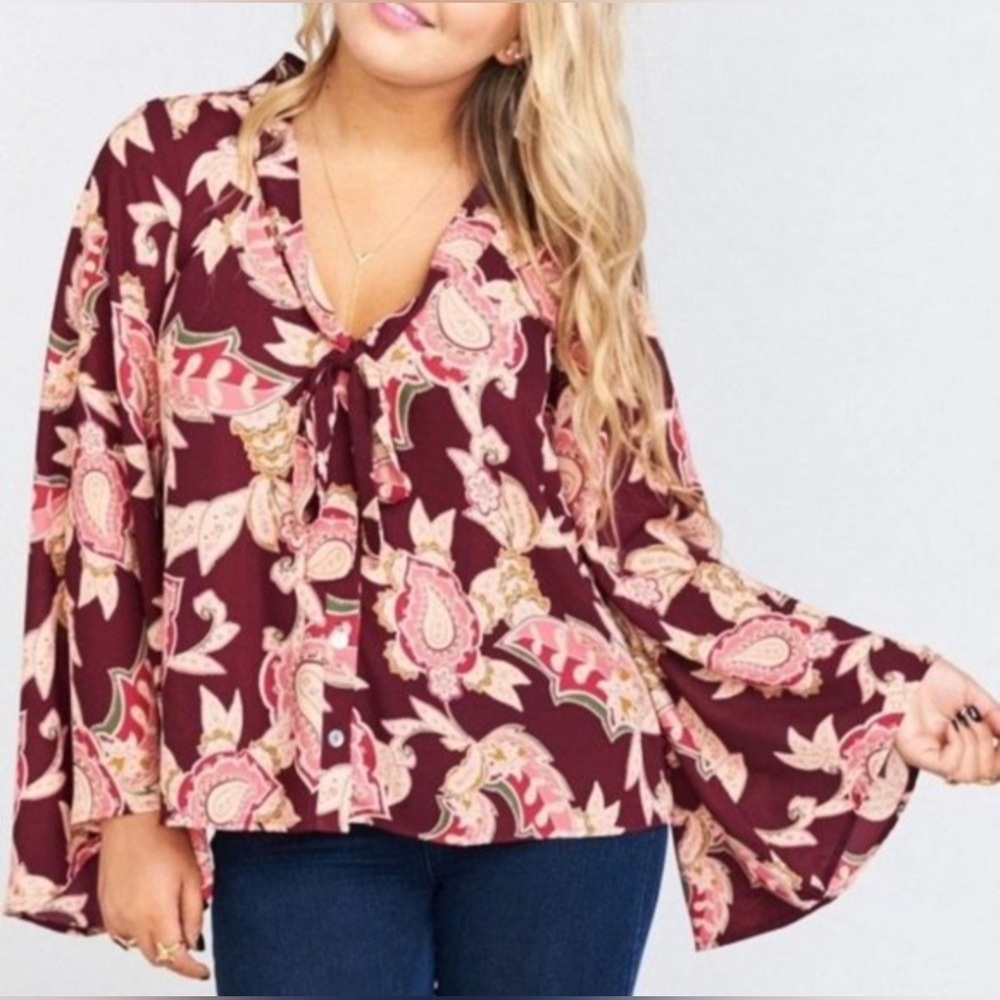 Show Me Your MuMu Brynn Blouse Vino Vine paisley print size L color maroon